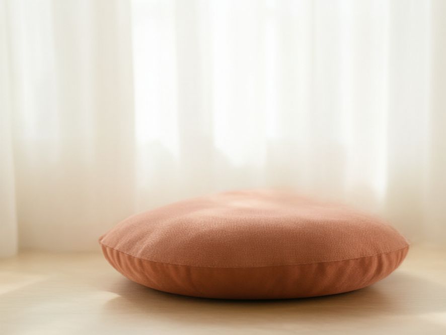Sunlit meditation space with cushion and soft morning light